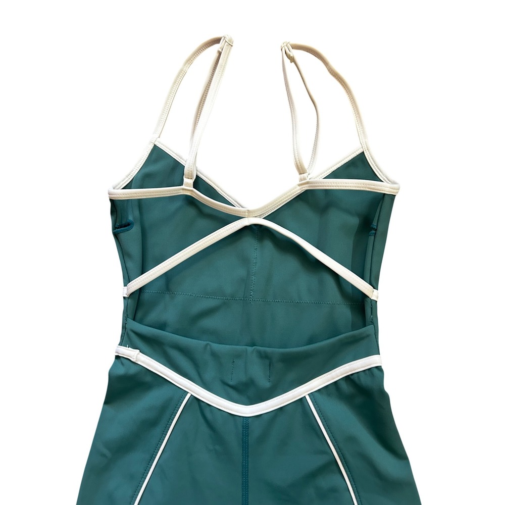 YLLW Teal Blue Active Romper Womens Size S Biker Bodysuit Piping - Picture 13 of 16